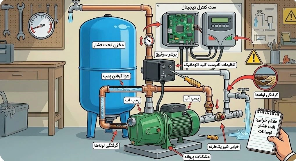علت افت فشار پمپ آب خانگی چیست؟ (عیب‌یابی قدم‌به‌قدم + راهکار فوری)