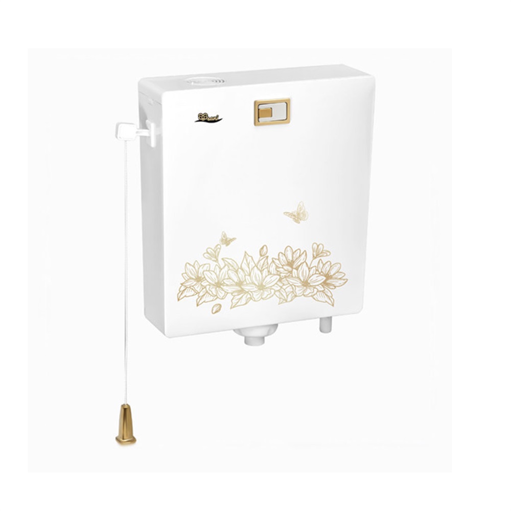 فلاش تانک 10 لیتری دو زمانه نمره 40 سفید چاپدار تک رنگ طرح نیلوفر طلایی با دسته اهرم دیاموند 8936(سنی)